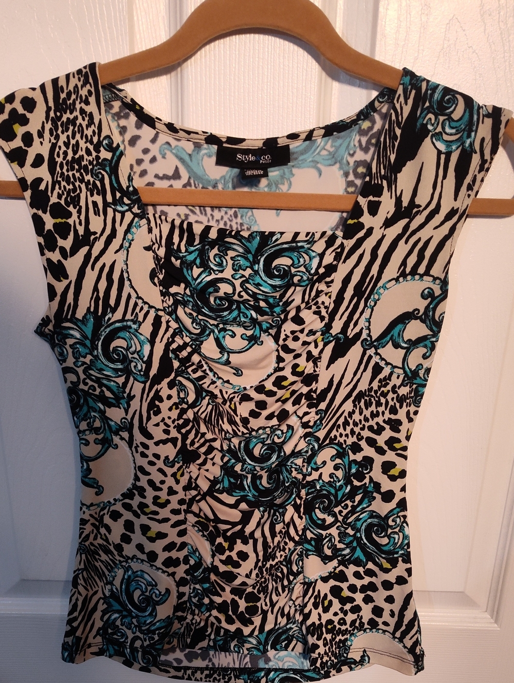 Style & Co. Cream Tank with Teal and Black Mixed Print